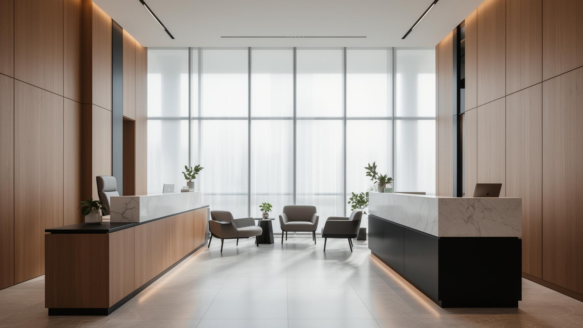 Recepção minimalista de consultório premium em Belo Horizonte com vidros amplos e luz natural filtrada por película arquitetônica