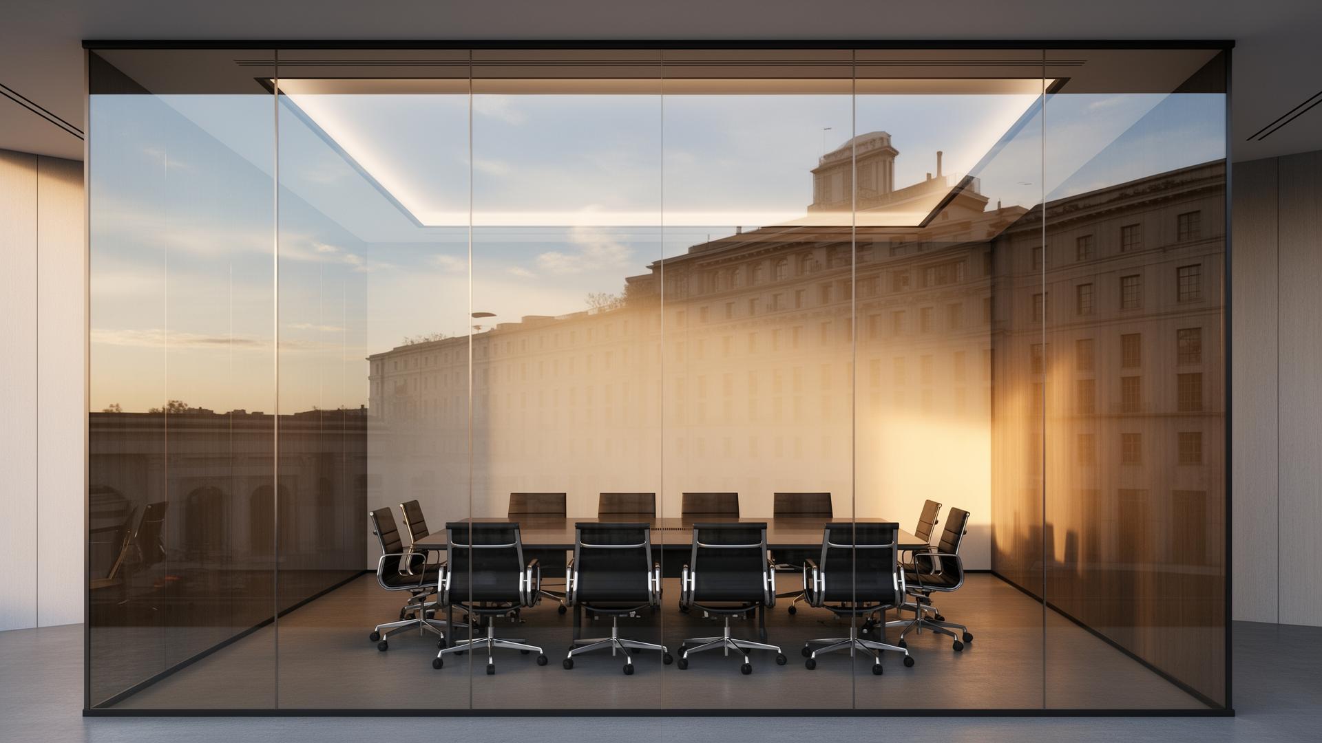 Sala de reunião com paredes de vidro cobertas por película de privacidade espelhada