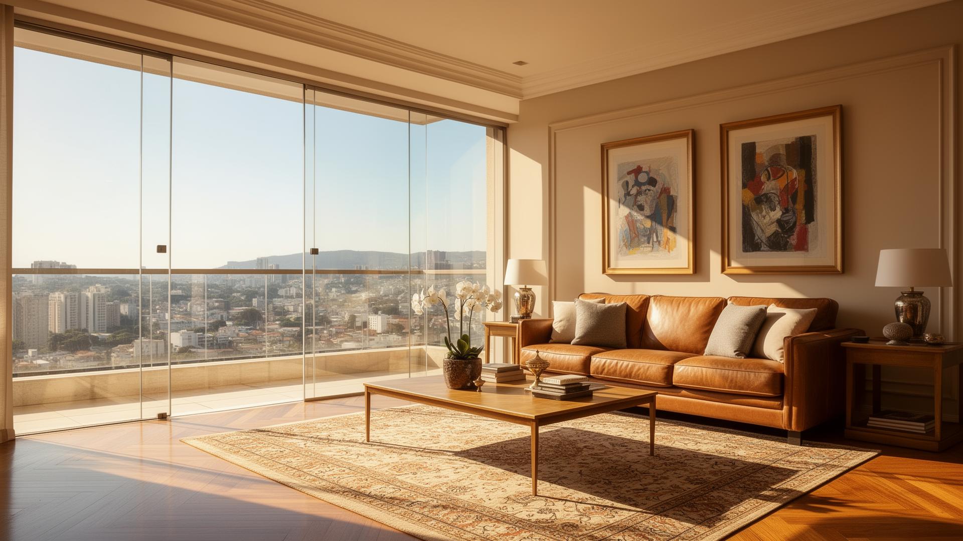 Sala de estar com móveis e tapete preservados pela película incolor de proteção UV nos vidros